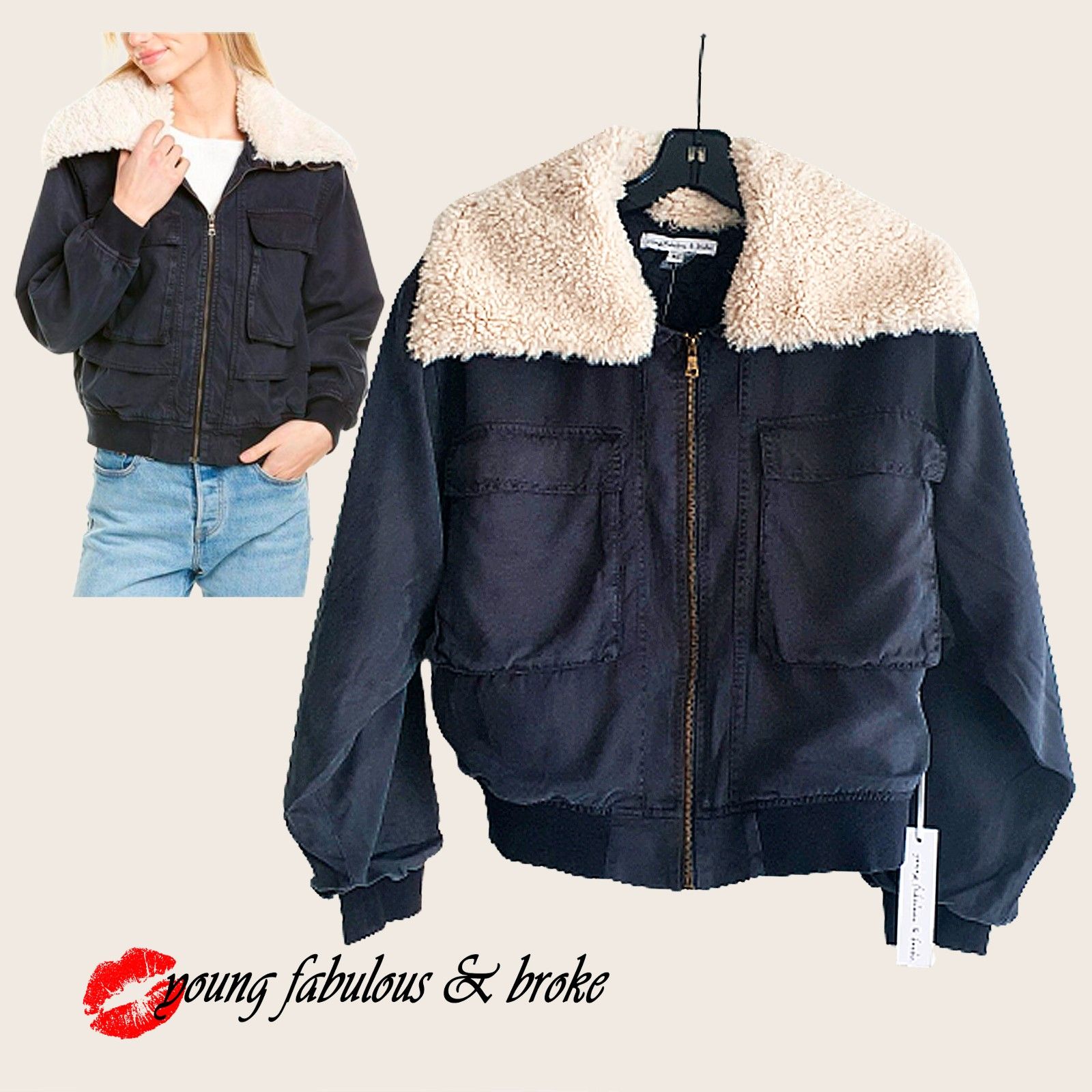 Young Fabulous & Broke New Minimalist Earhart Sherpa Collar Bomber Jacket M